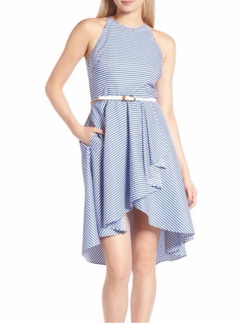 Eliza J Blue and White Striped Fit-and-Flare Midi Nautical Dress with Belt